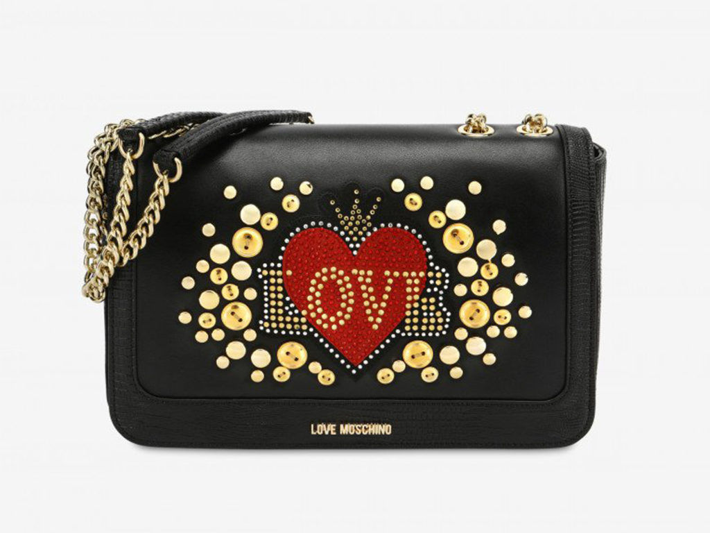 Shoulder bag with heart and logo decorated with rhinestones Love Moschino