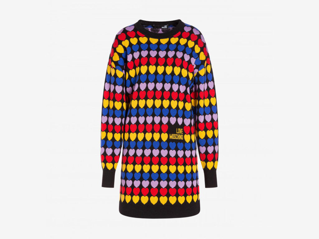 Oversized knitted dress with multicoloured heart jacquard embroidery Love Moschino