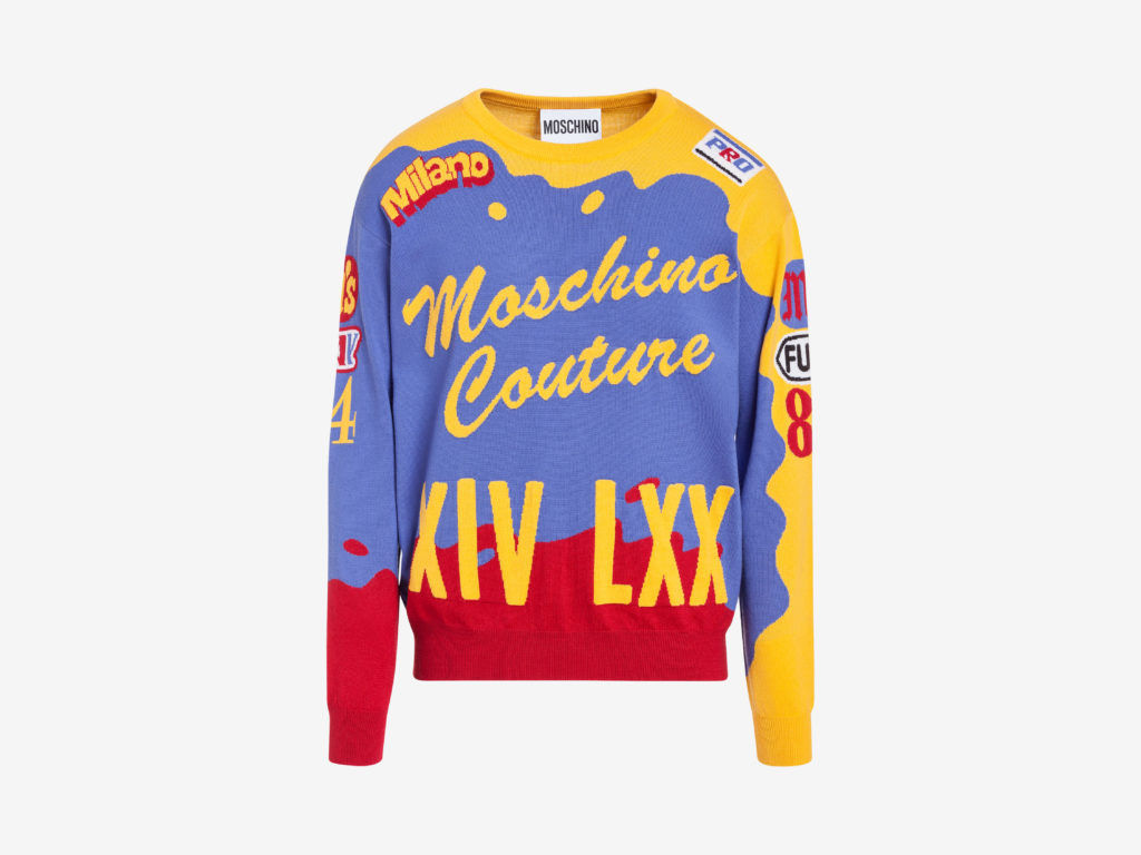 Extra-fine wool pullover with Motorbike multicolour logo intarsia Moschino