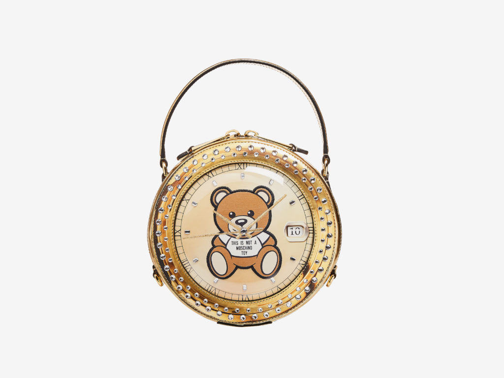 Clock-shaped handbag in lame faux leather with Teddy Bear clock logo Moschino